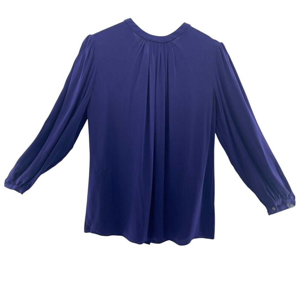 Halston Heritage Size 8 Blouse Silk Button Back Pleated Blue Long Sleeve Women's